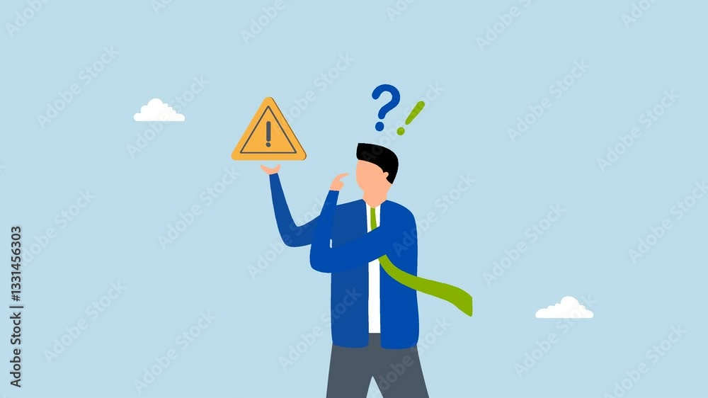 doubt to make decision, 4k animation Businessman grasping exclamation mark sign, worried about finding solution to issue. doubt to make decision, 4k animation Businessman grasping exclamation mark sign, worried about finding solution to issue.