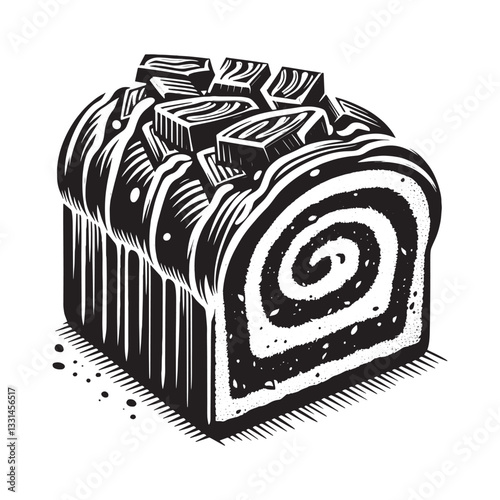 Elegant monochrome woodcut illustration of delicious chocolate babka cake