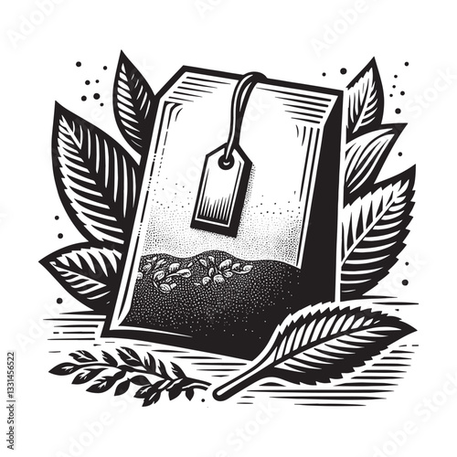 Elegant monochrome woodcut of a tea bag surrounded by stylized foliage