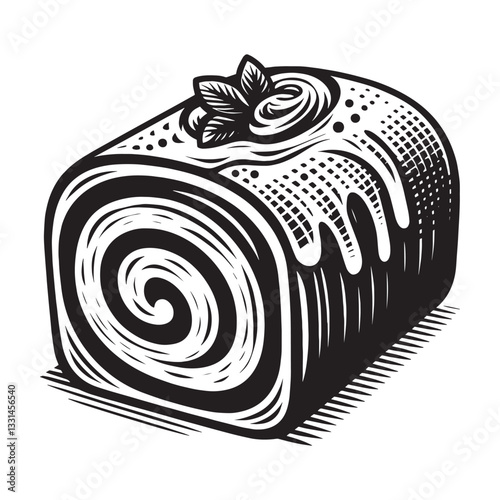 Elegant monochrome woodcut illustration of a delectable cream-filled Swiss roll