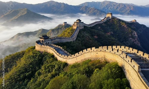 A breathtaking aerial view of the Great Wall of China, stretching over vast mountains. A historical and cultural marvel, ideal for travel, history, and architectural themes