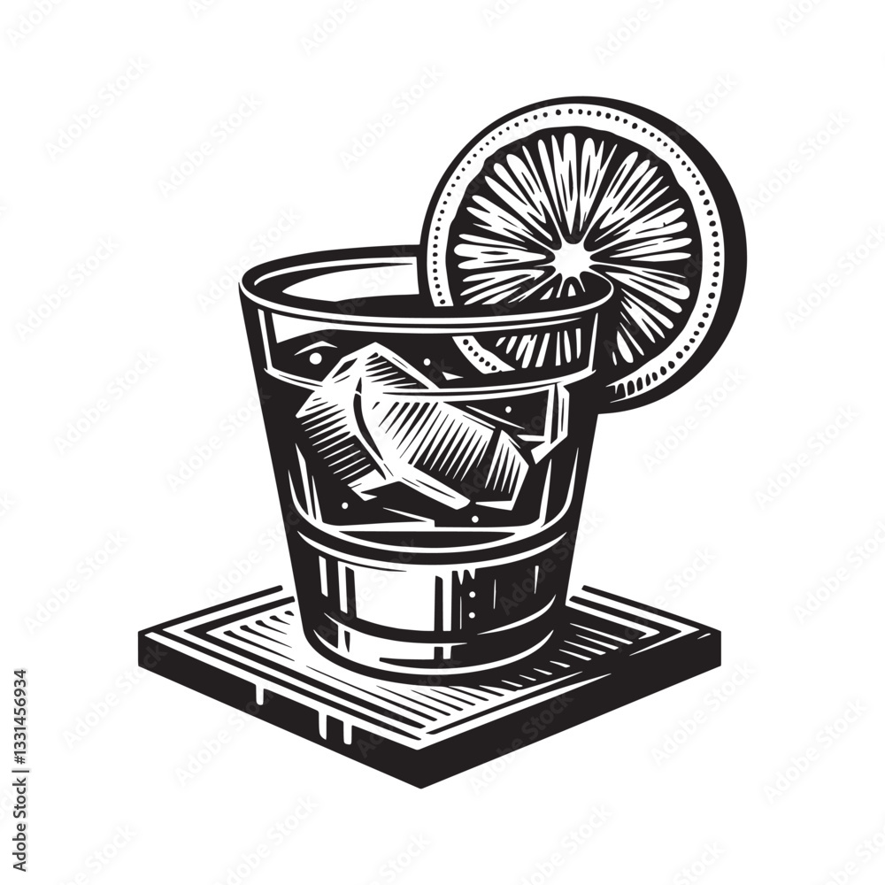 Fototapeta premium Elegant woodcut illustration of a refreshing old fashioned cocktail drink