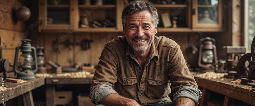Smiling Man Sitting In Rustic Workshop Setting. Smiling Man Sitting In Rustic Workshop Setting.