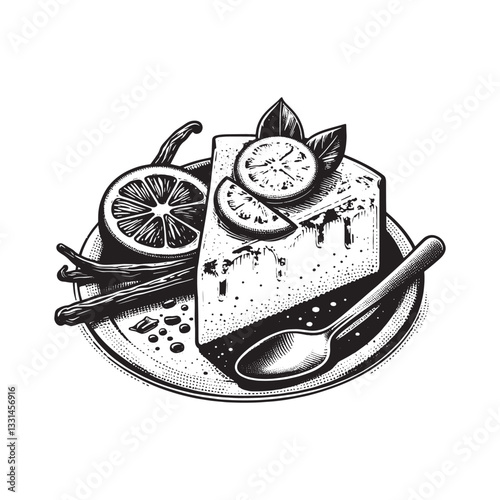 Elegant woodcut drawing of crema catalana with vanilla and citrus zest