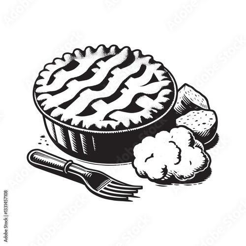 Elegant woodcut illustration of cottage pie with mashed potatoes and fork
