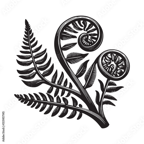 Elegant Woodcut Illustration of Fiddlehead Ferns on a Clean White Background