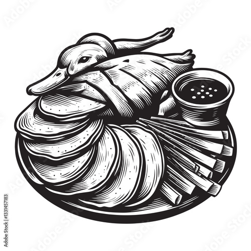 Elegant woodcut illustration of Peking duck with pancakes and scallions