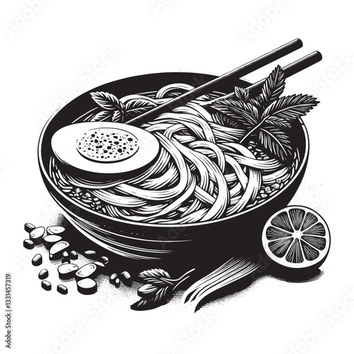 Elegant woodcut style illustration of Vietnamese Pho Ga with herbs and noodles