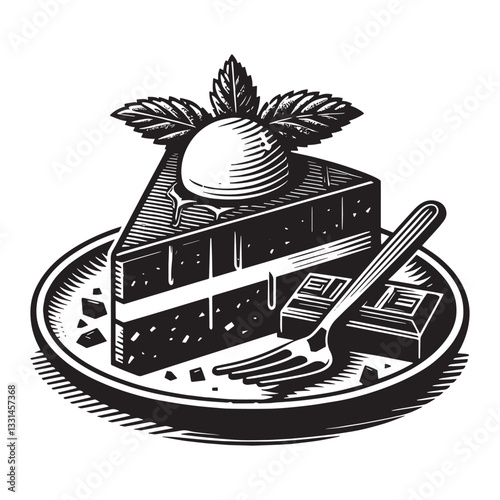 Elegant woodcut style illustration of chocolate cake with vanilla ice cream