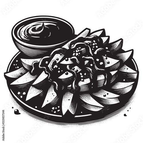 Elegant Woodcut Style Patatas Bravas with Spicy Tomato Sauce Illustration