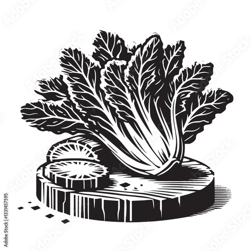 Elegant woodcut-style depiction of vibrant mustard greens, enhanced 2x upscale