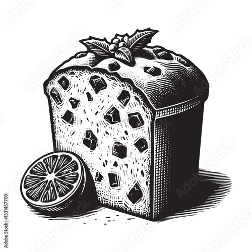 Festive panettone art with citrus accent in monochrome woodcut style illustration