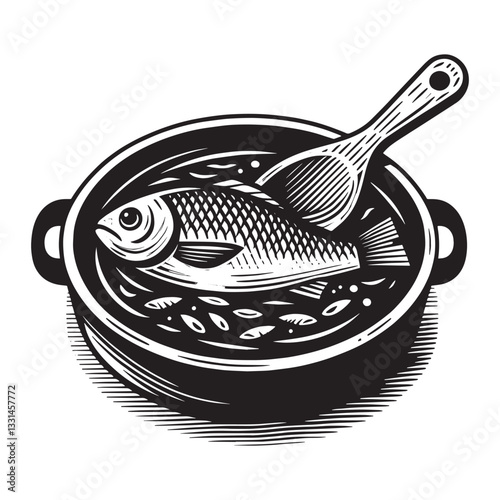 fish in a bouillabaisse in minimalist clean woodcut drawing, 1901