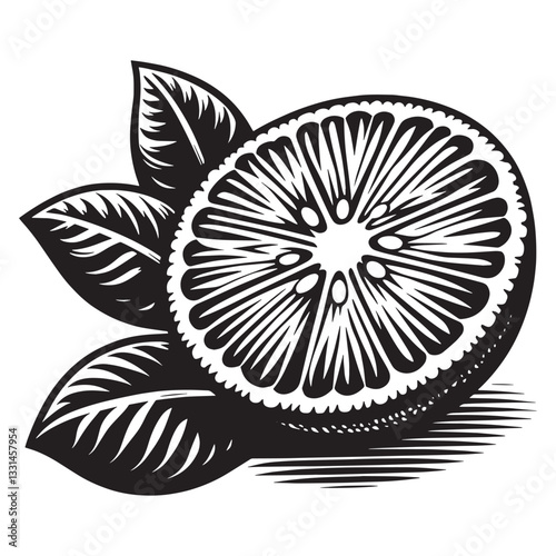Graphic depiction of a sliced calamondin with foliage in monochrome woodcut style
