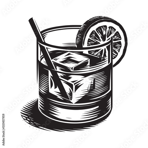 glass of old fashioned with an orange twist in minimalist clean woodcut drawing, 2255