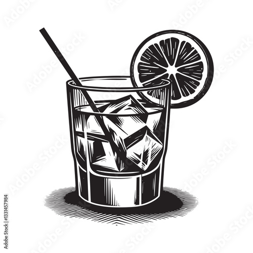 Graphic minimalist illustration of a refreshing cocktail with orange slice
