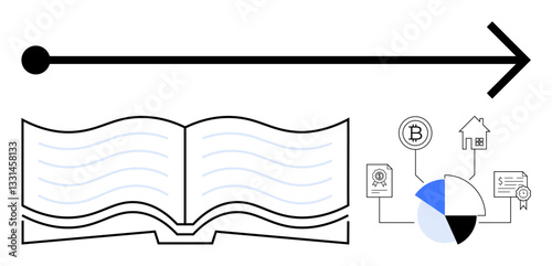Open book, forward arrow, and icons for finance, real estate, and data reinforce concepts of education, progress, and information flow. Ideal for education, learning strategy growth planning