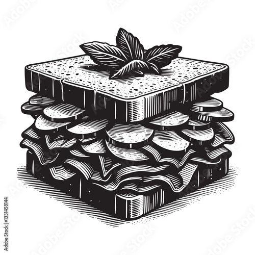 Illustration of an elaborate Reuben sandwich in minimalist woodcut style