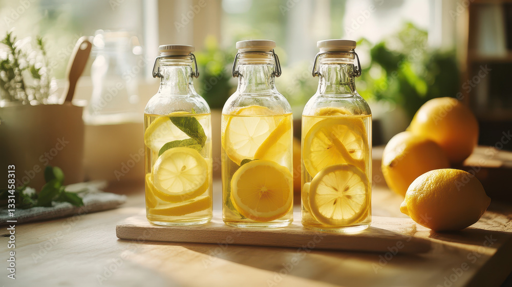 Zero-waste lifestyle, Refreshing lemon infused water in glass bottles with fresh lemons nearby Zero-waste lifestyle, Refreshing lemon infused water in glass bottles with fresh lemons nearby