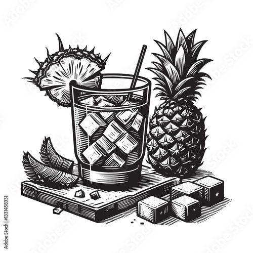 Intricate woodcut illustration of a Planter,s Punch cocktail with pineapple garnish