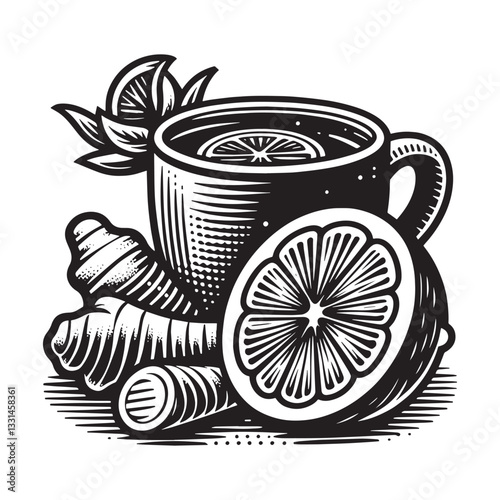 Lemon-Ginger Tea in minimalist clean woodcut drawing,