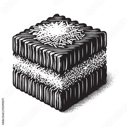 lamington with chocolate coating and coconut in minimalist clean woodcut drawing, 2683