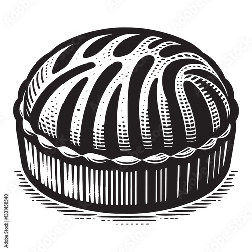 melonpan with a crispy cookie crust in minimalist clean woodcut drawing, 3183