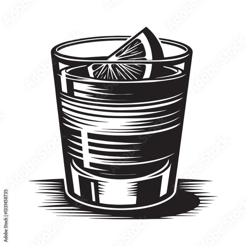 Minimalist black and white illustration of a drink with citrus garnish