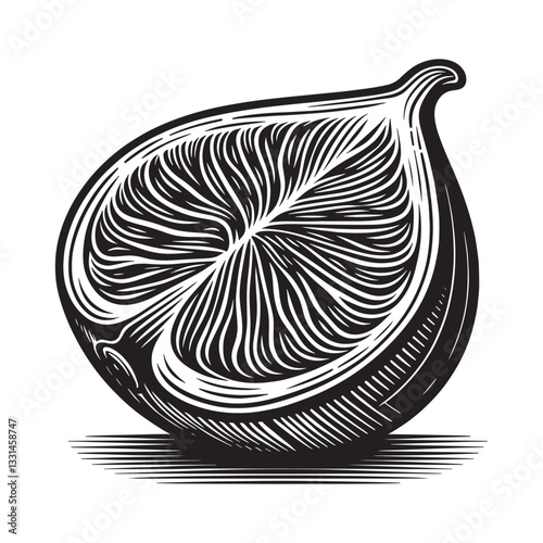 Minimalist fig slice illustration in black and white woodcut style drawing
