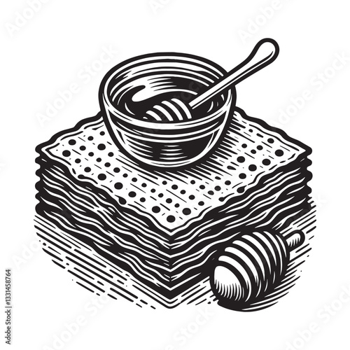 Minimalist matzo stack illustration with honey and butter in woodcut style