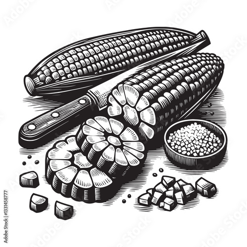 Minimalist monochrome woodcut illustration featuring fresh corn cobs and kernels