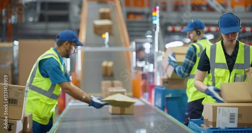 Experienced and Young Employees Sort Packages and Load Boxes on a Conveyor Line. Diverse Portrait of Employees at Work in a National Postal Service Facility or a Modern Retail Warehouse Building