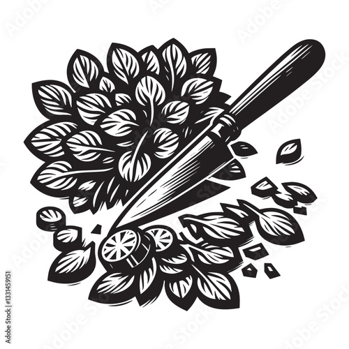 Minimalist woodcut illustration of fresh purslane being prepared with a knife