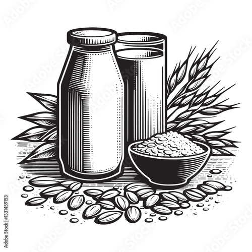 Minimalist Woodcut Illustration of Oat Milk with Grains and Seeds on White