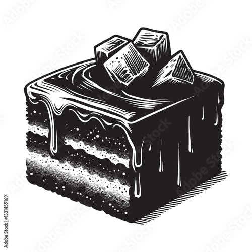 Minimalist woodcut illustration of sticky toffee pudding with caramel drizzle