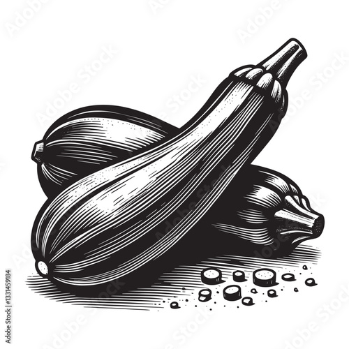 Minimalist zucchini duo in stark monochrome woodcut style drawing, ails