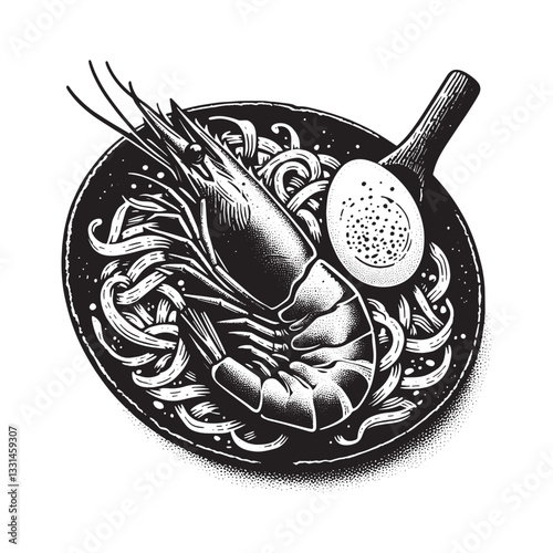 Monochromatic illustration of shrimp Pad Thai with egg in a woodcut style