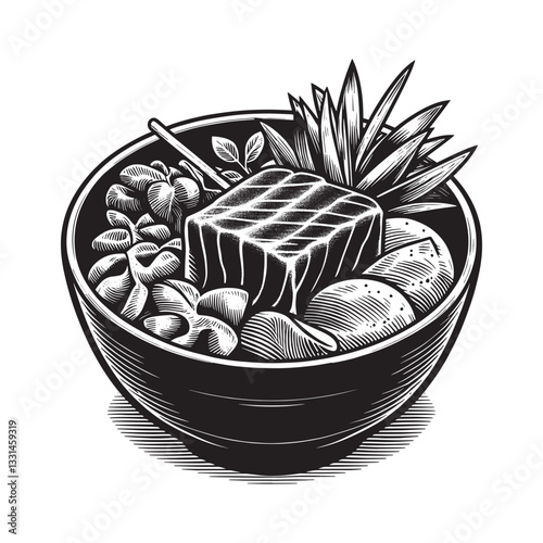 Monochrome ahi tuna poke bowl illustration in minimalist woodcut style