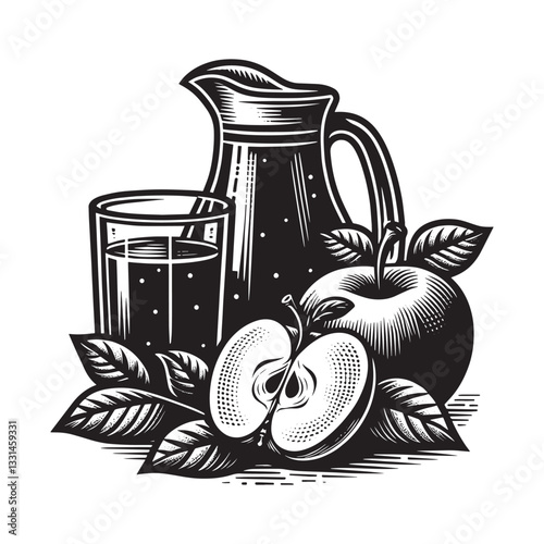 Monochrome apple cider still life drawing with a glass and a pitcher