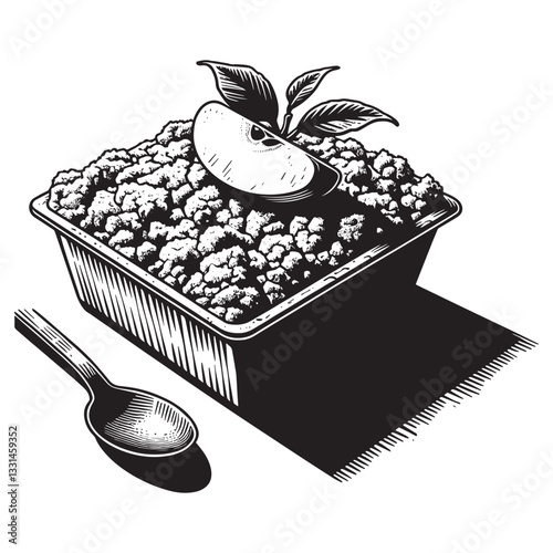Monochrome apple crumble delight with leafy garnish in etching style drawing