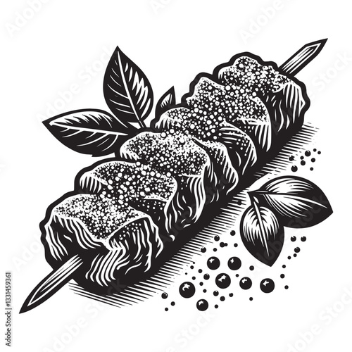 Monochromatic woodcut style drawing of seasoned lamb kebab with herbal garnish