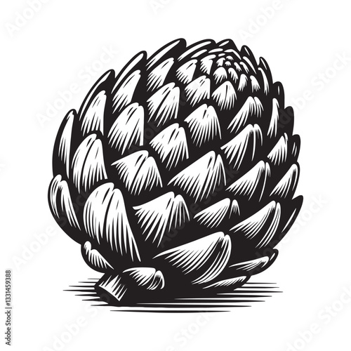 Monochrome artichoke vegetable artwork in minimalist woodcut drawing style