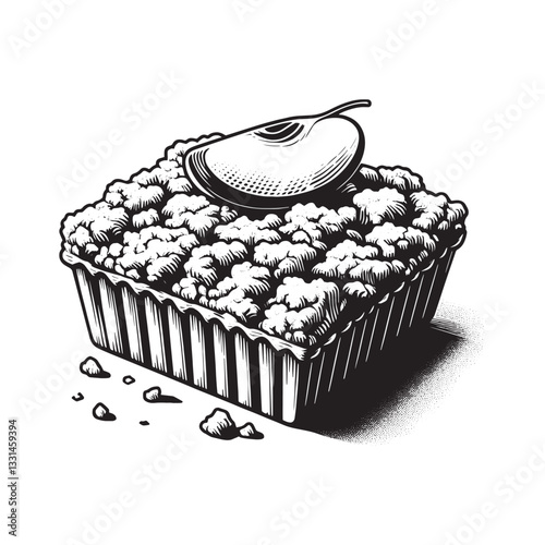 Monochrome Apple Crumble Dessert with Rustic Topping and Detailed Illustration