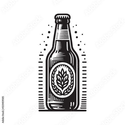 Monochrome beer bottle illustration featuring a stylized laurel wreath design