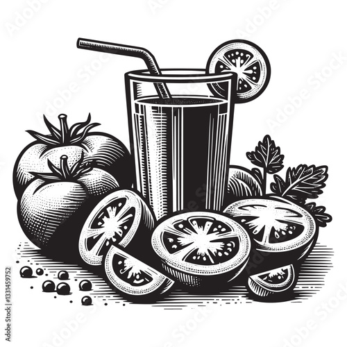 Monochrome composition with tomato juice and fresh tomatoes on white backdrop