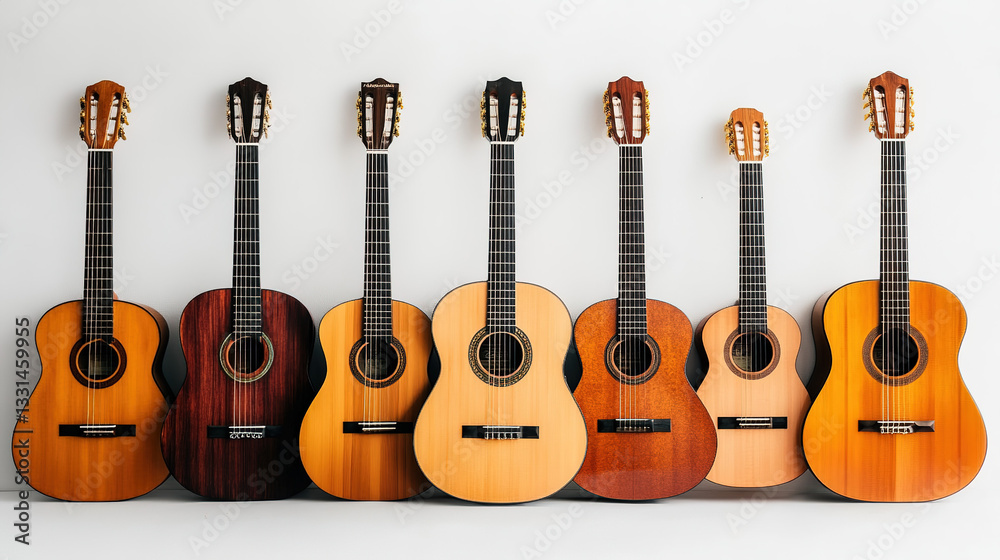Fototapeta premium Six Acoustic Guitars in Artistic Arrangement, Symbolizing Harmony and Creative Expression