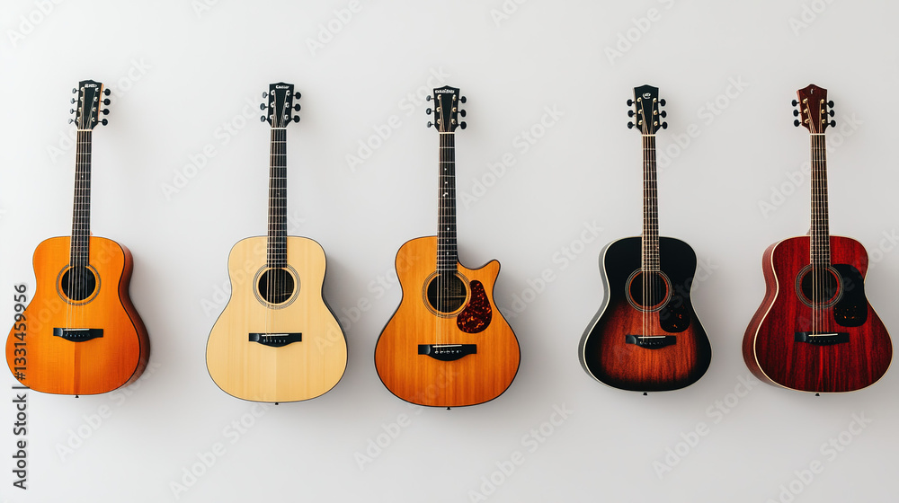 Naklejka premium Six Acoustic Guitars in Artistic Arrangement, Symbolizing Harmony and Creative Expression