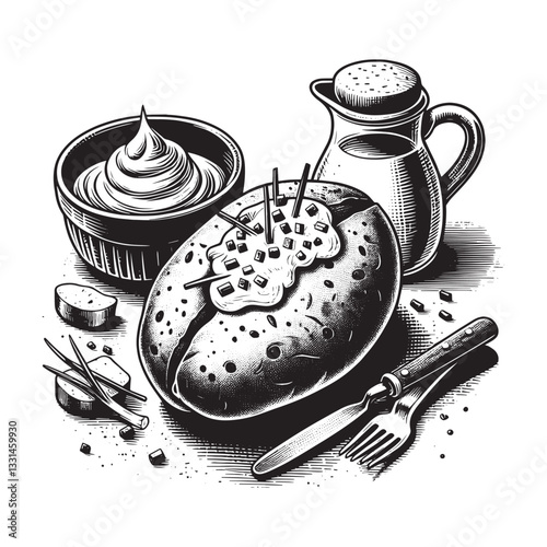 Monochrome delectable baked potato with sour cream and chives illustration