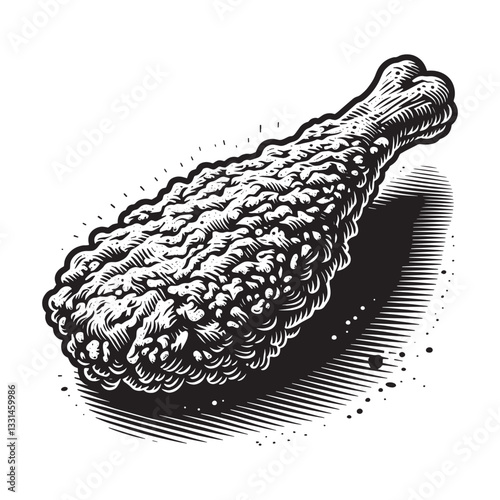 Monochrome depiction of crispy fried chicken leg with detailed woodcut style shading