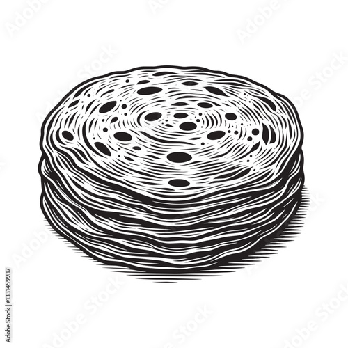 Monochrome depiction of stacked parathas with layered texture in woodcut style